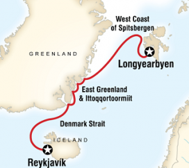 Mapa wycieczki - Spitsbergen, Grenlandia i Islandia - rejs arktyczny