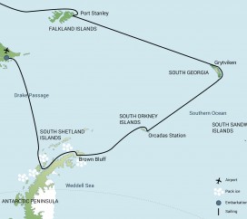 Mapa wycieczki - Rejs na Falklandy, Georgie Południową i Półwysep Antarktyczny (Plancius/Hondius)